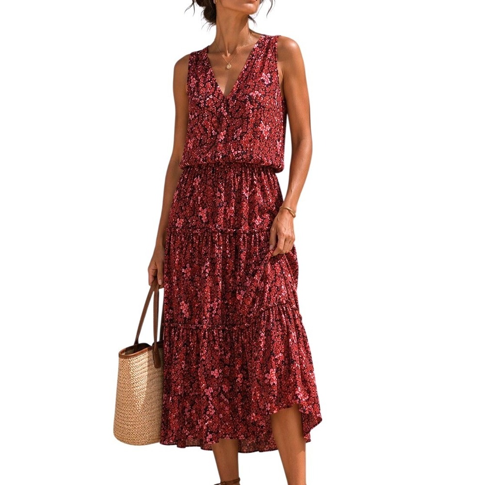 Tommy Hilfiger Womens Red Navy Floral Cottagecore Tiered Ruffle V-Neck Dress 8
